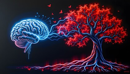 Fototapeta premium imagine a striking art piece showcasing the concept of rebellion depicted through the human brain, picture a detailed human brain intricately connected to a majestic tree with glowing blue roots