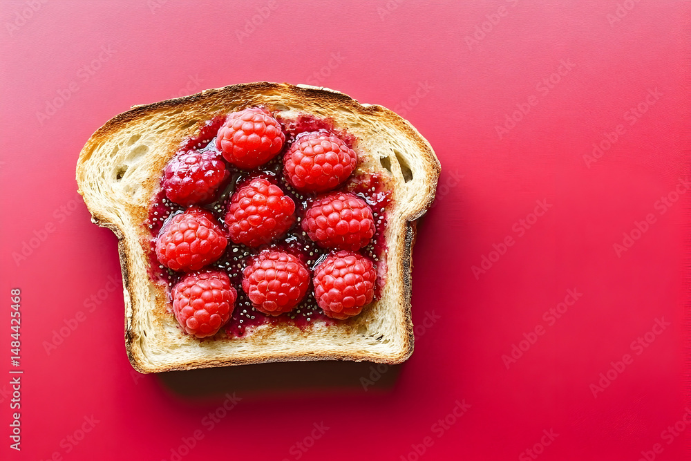 Poster a slice of toast topped with raspberries in a vibrant display.