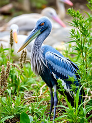 Fototapeta premium A shoebill (Balaeniceps rex) stork standing surrounded by plants. Funny exotic bird.