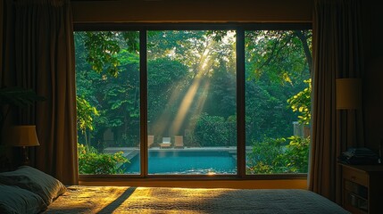 Fototapeta premium Sunlight streams through a window, illuminating a tranquil garden and pool