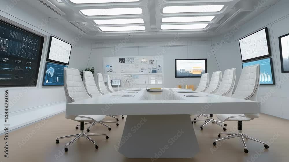 Poster high tech conference room transitioning from sleek white workspace to dynamic digital command center