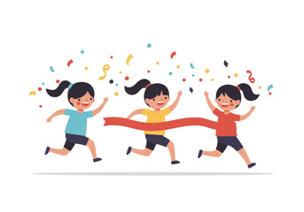 Cheerful Children Crossing Finish Line with Joyful Celebration and Confetti