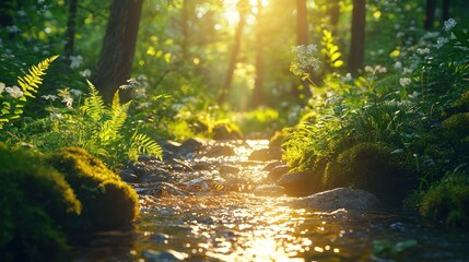 Fototapeta premium Sunlight streams through forest creek (1)