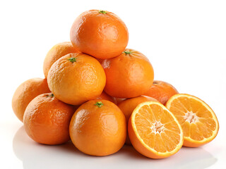 Oranges whitebackground Fresh ripe oranges stacked in pyramid with some halved, showcasing their vibrant color and juicy texture