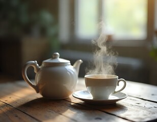 Fototapeta premium A white teapot and cup on a wooden table with steam rising from it