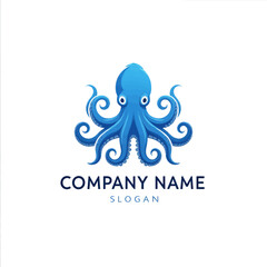 Naklejka premium Blue Octopus Logo Design with Curly Tentacles on White Background
