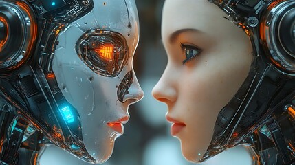 Futuristic androids facing each other