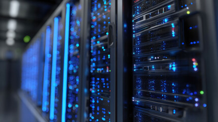 Naklejka premium Close-up view of high-tech server rack with LED indicators, cool blue lighting and sleek black hardware panels in clean data center environment