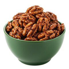 Obraz premium A vibrant green bowl overflowing with sweet caramelized pecans on a white background