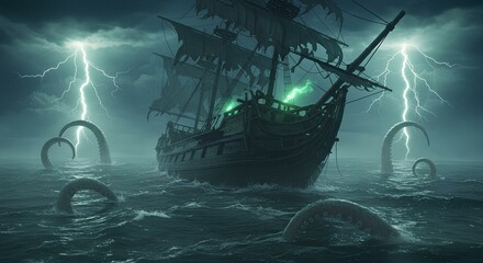 Ghost Ship at Sea – Horror Ocean Scene with Storm, Tentacles, and Fog