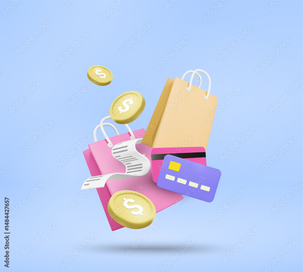 Poster 3d illustration vector render of e-commerce showing a floating shopping bag with credit card and gol
