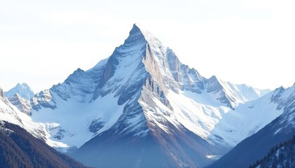 Fototapeta premium Snow-covered mountain peak against stark white sky, cold, scenic