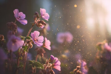 Delicate pink blossoms bathed in golden sunlight.