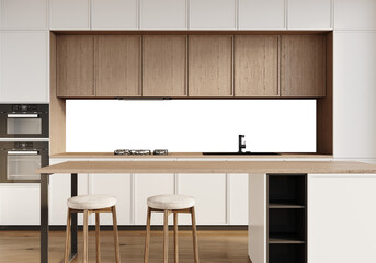 Free PNG wallpaper mockup in Interior Dining Room, Modern Kitchen with Island, Stools, and Wooden Cabinets, 3D rendering	
