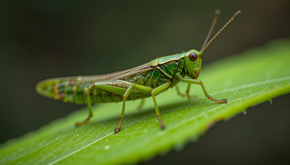 Fototapeta premium Detailed Side View of a Green Gomphocerinae Grasshopper on a Leaf