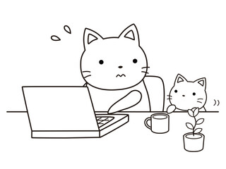 リモートワークをする子育て中のネコ　線画