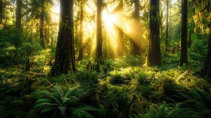 Sunbeams filter with gentle light through dense foliage creating a magical where nature thrives embodying the serene beauty timeless concept.