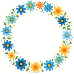 Colorful Floral Wreath with Blue and Yellow Daisies in Springtime