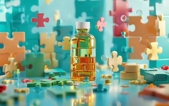 A bottle of vegetable oil is surrounded by colorful puzzle pieces, floating in mid-air, creating a whimsical and engaging scene with a teal background. - Powered by Adobe
