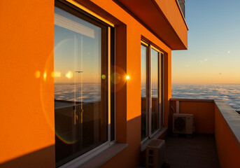 Fototapeta premium オレンジの壁 夕日輝く窓 雲海景色