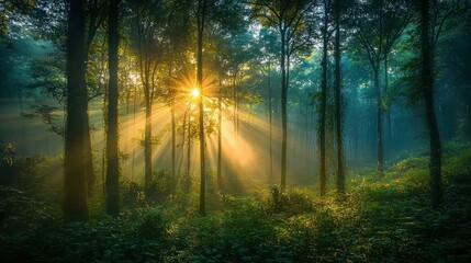 Obraz premium Sunrise in a mystical forest