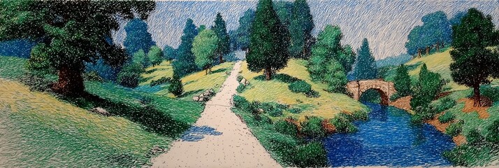 A charming naive crayon drawing of a small forest trail by a stream with a wooden bridge, sunlight filtering through, on a clean white background