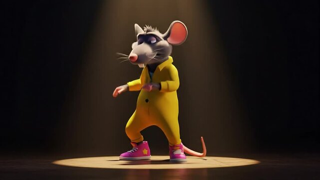 Animated Rat in Yellow Outfit and Pink Sneakers Dances Under Spotlight