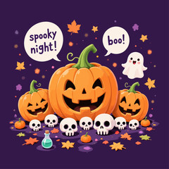 Halloween Night with Jack-o'-Lanterns, Skulls, and Ghosts