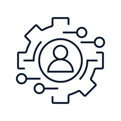 Gear, man. Concept project management, maintenance master. Vector linear icon isolated on white background.