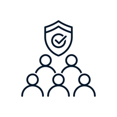 People, shield. Employee insurance concept. Vector linear icon isolated on white background.