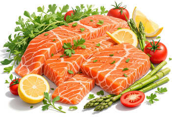 Fresh Salmon Fillets with Lemons, Tomatoes, and Asparagus