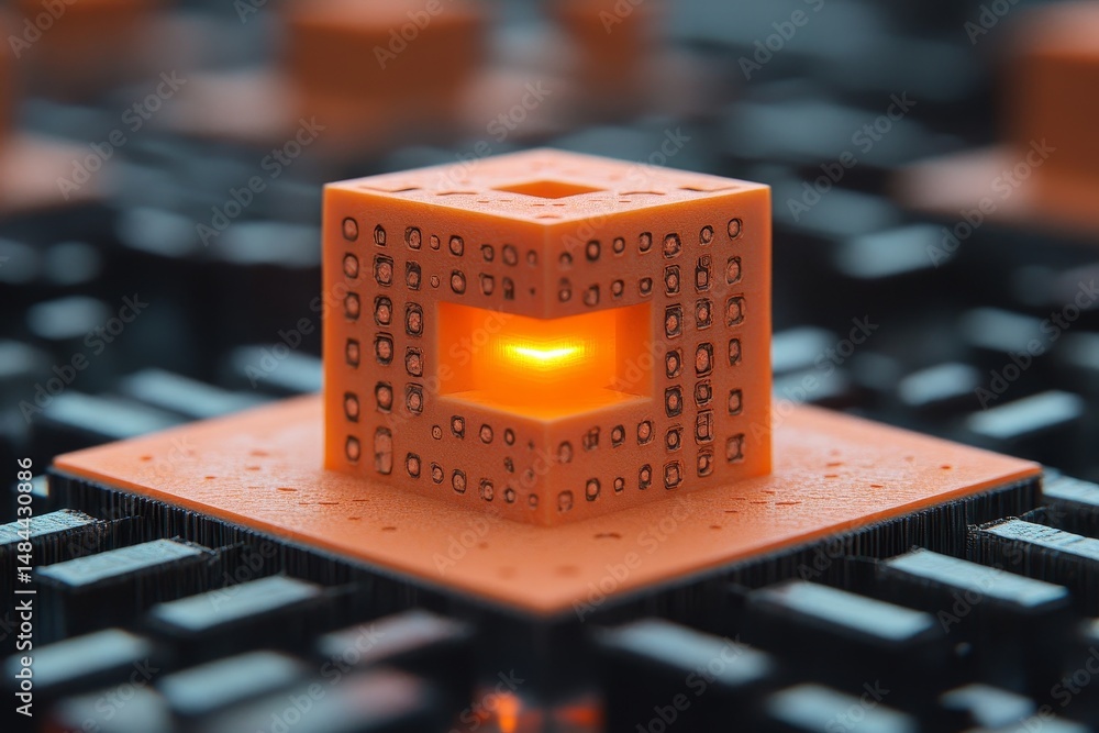 Poster intricate orange quantum sensor array with glowing core