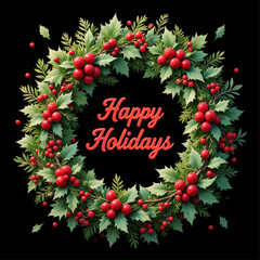 Happy Holidays Wreath with Red Berries and Green Leaves on Black Background