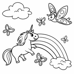 Cute little unicorn, pony in the sky with butterflies. Black and white linear drawing. For children's design of coloring books, prints, posters, cards, stickers, tattoos, etc. Vector illustration