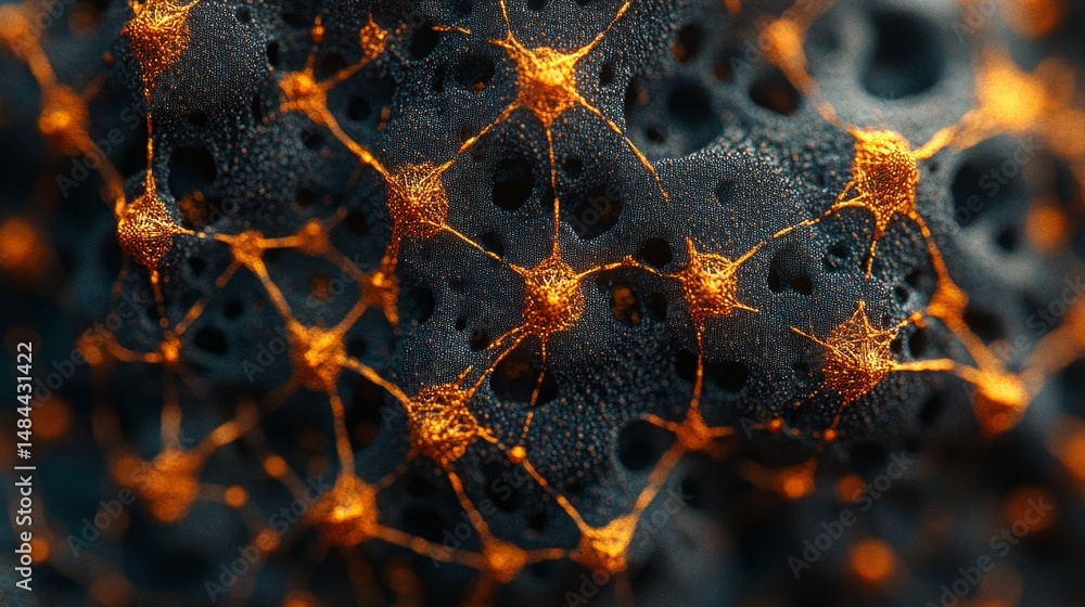 Aufkleber intricate neural network structure: glowing orange nodes on dark gray background
