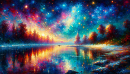 Dreamlike Nightscape: Vibrant Colors and Celestial Reflections