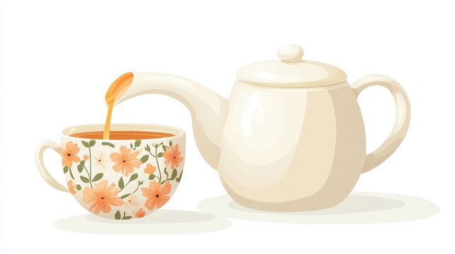 Delicate floral cup being filled with aromatic tea from a vintag