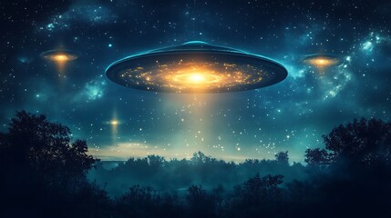 Ufo hovering over forest at night