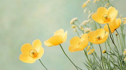 Fototapeta premium Buttercup Flowers With Golden Yellow Petals On A Soft Muted Background In A Serene Garden