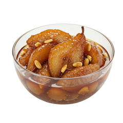 A close-up view of a bowl of glazed pears with nuts, showcasing a sweet dessert