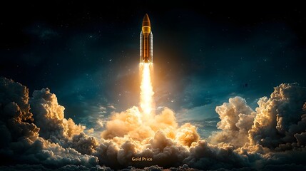 Majestic golden rocket labeled  Gold Price  launching into the vast expanse of space symbolizing the rapid increase in gold prices and the immense investment potential for wealth and financial growth