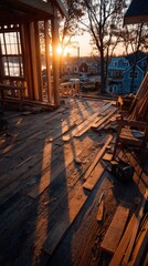 Fototapeta premium Wooden house frame under construction, aerial view at sunset with warm golden light and long shadows. A new home takes shape in the golden hour.