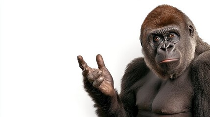 Gorilla Portrait With Gesture Against White Background