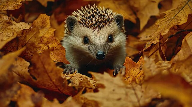 A hedgehog peeks from a pile of autumn leaves