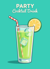 Refreshing Green Cocktail with Lime and Ice Cubes on Turquoise Background