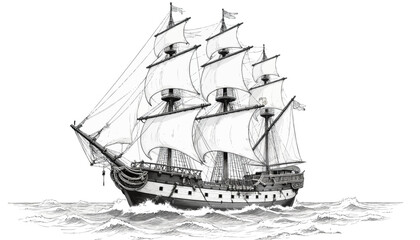 Obraz premium Sailing Ship Stormy Seas Historical Voyage Monochrome Sketch
