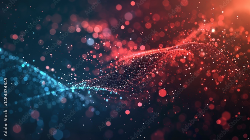 Poster Abstract digital visualization with orange and red particles on a dark background. Digital artwork of vibrant glitter floating in the dark background. Technology innovation and data concept. AIG53.