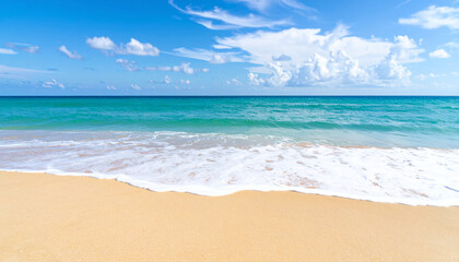 serene beach scene featuring soft golden sand and gentle waves lapping at shore under bright blue sky with fluffy clouds. tranquil atmosphere invites relaxation and peace