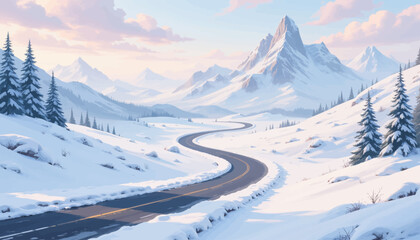 Obraz premium Serene Winter Road Mountain Sunset Snow Trees Pathway