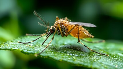 Naklejka premium Detailed close up photograph of a mosquito Aedes aegypti resting on a leaf highlighting the insect s role as the primary for the transmission of the Zika virus
